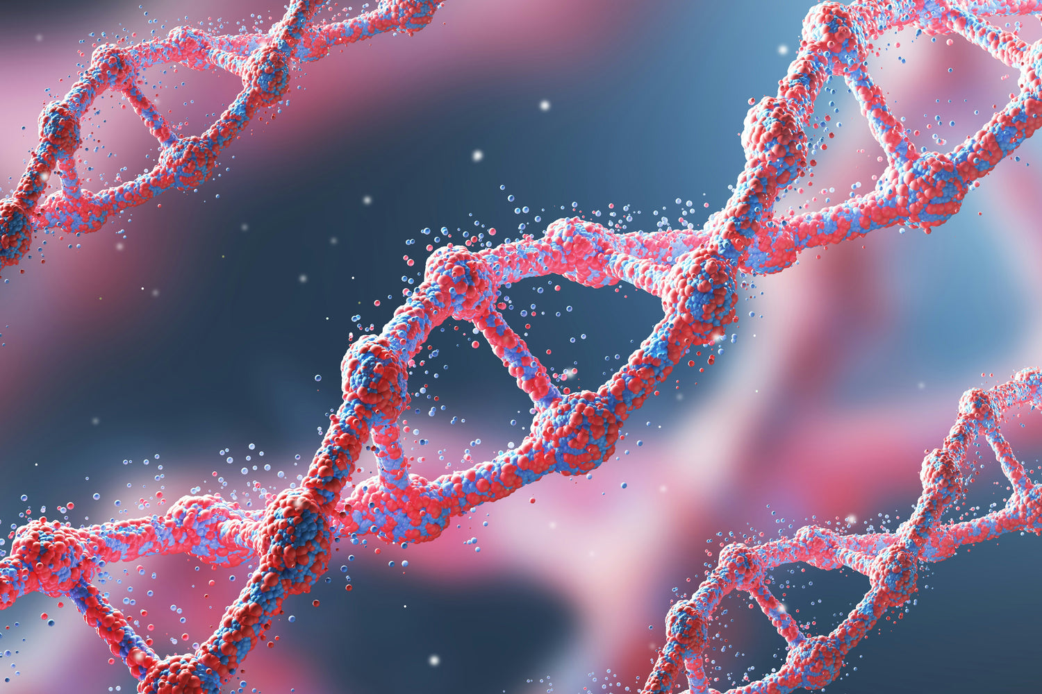 Three red diagonal DNA chains on a dark background, symbolising the genetic factors that can play a role in gluten intolerance.