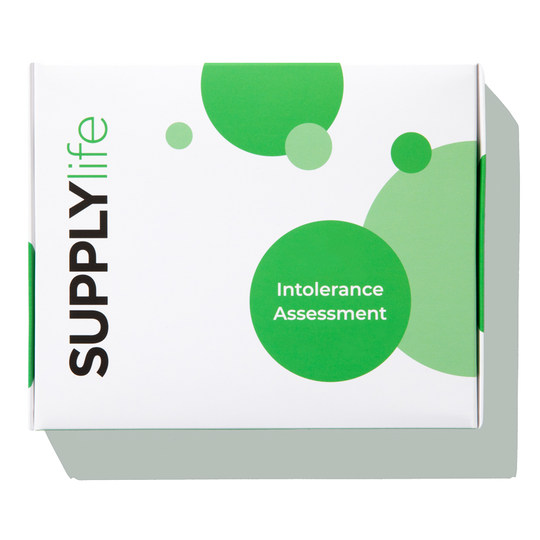 Supply Life Essential food intolerance test kit box featuring a clean design with green circles and the brand's logo.
