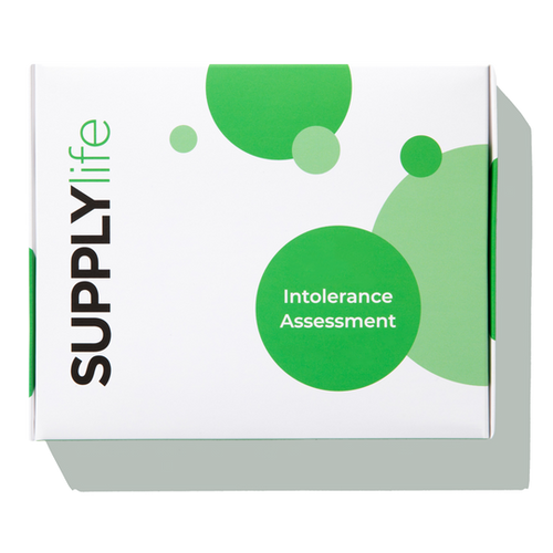 Supply Life Essential food intolerance test kit box featuring a clean design with green circles and the brand's logo.