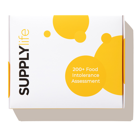 Supply Life Complete Body 200+ food intolerance test kit box featuring a clean design with yellow circles and the brand's logo.