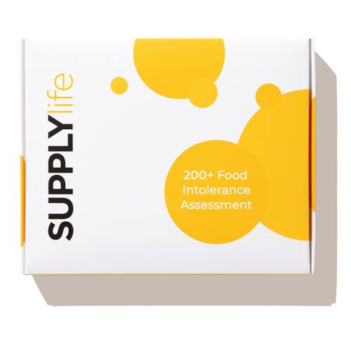 Supply Life Complete Body 200+ food intolerance test kit box featuring a clean design with yellow circles and the brand's logo.