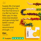Trustpilot customer review praising Supply Life for reducing bloating, tiredness, and flare-ups after using the food intolerance test kit