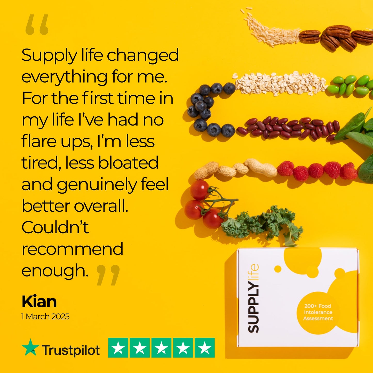 Trustpilot customer review praising Supply Life for reducing bloating, tiredness, and flare-ups after using the food intolerance test kit