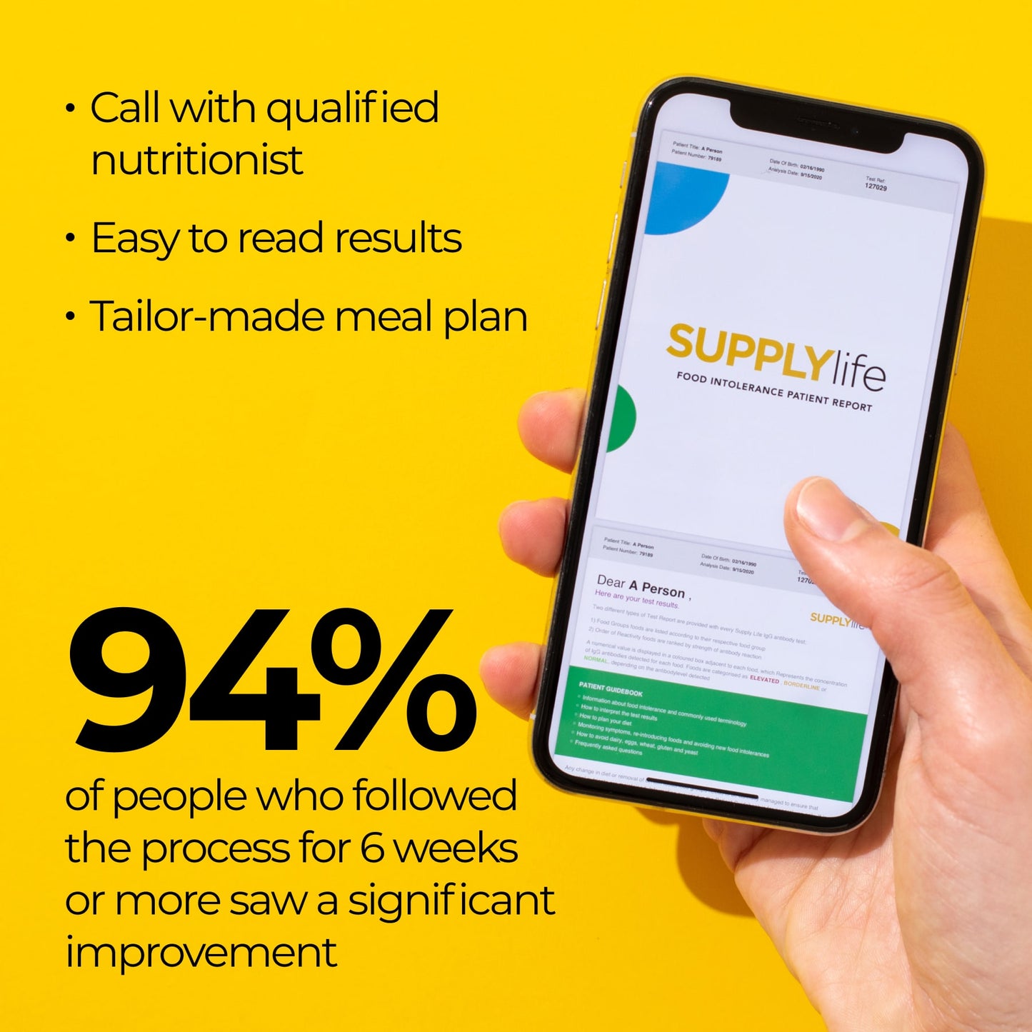 Supply Life digital intolerance report on mobile with benefits including tailored meal plans, nutritionist call, and 94% success rate after 6 weeks